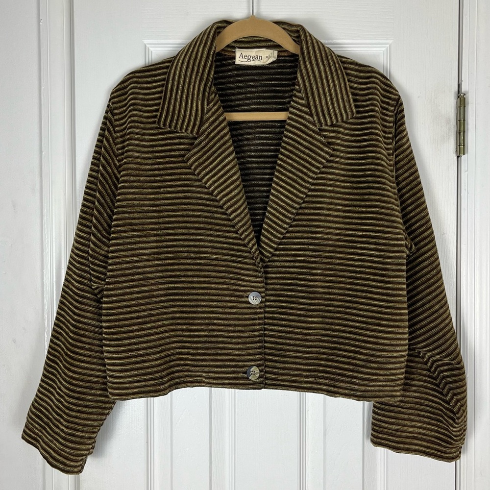Aegean Wool Blend Browns Stripe Double Button Blazer Jacket Sz S Modest Crop
